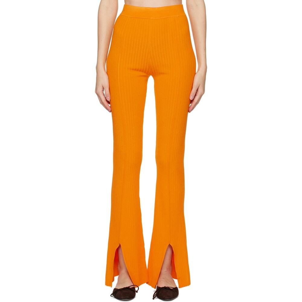 Nanushka Sz M Bright Orange Lette Ribbed Knit High Rise Split Hem Lounge Pants